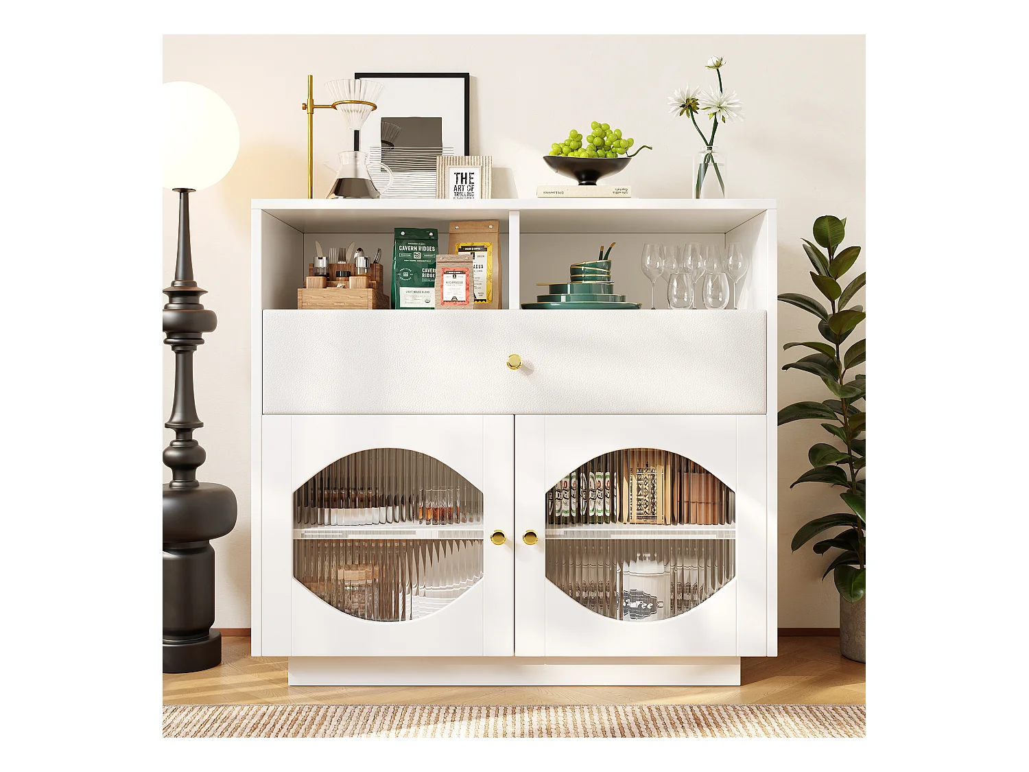 Buffet blanc - Buffet avec 1 tiroir et 2 portes vitrées - 2 rangements ouverts