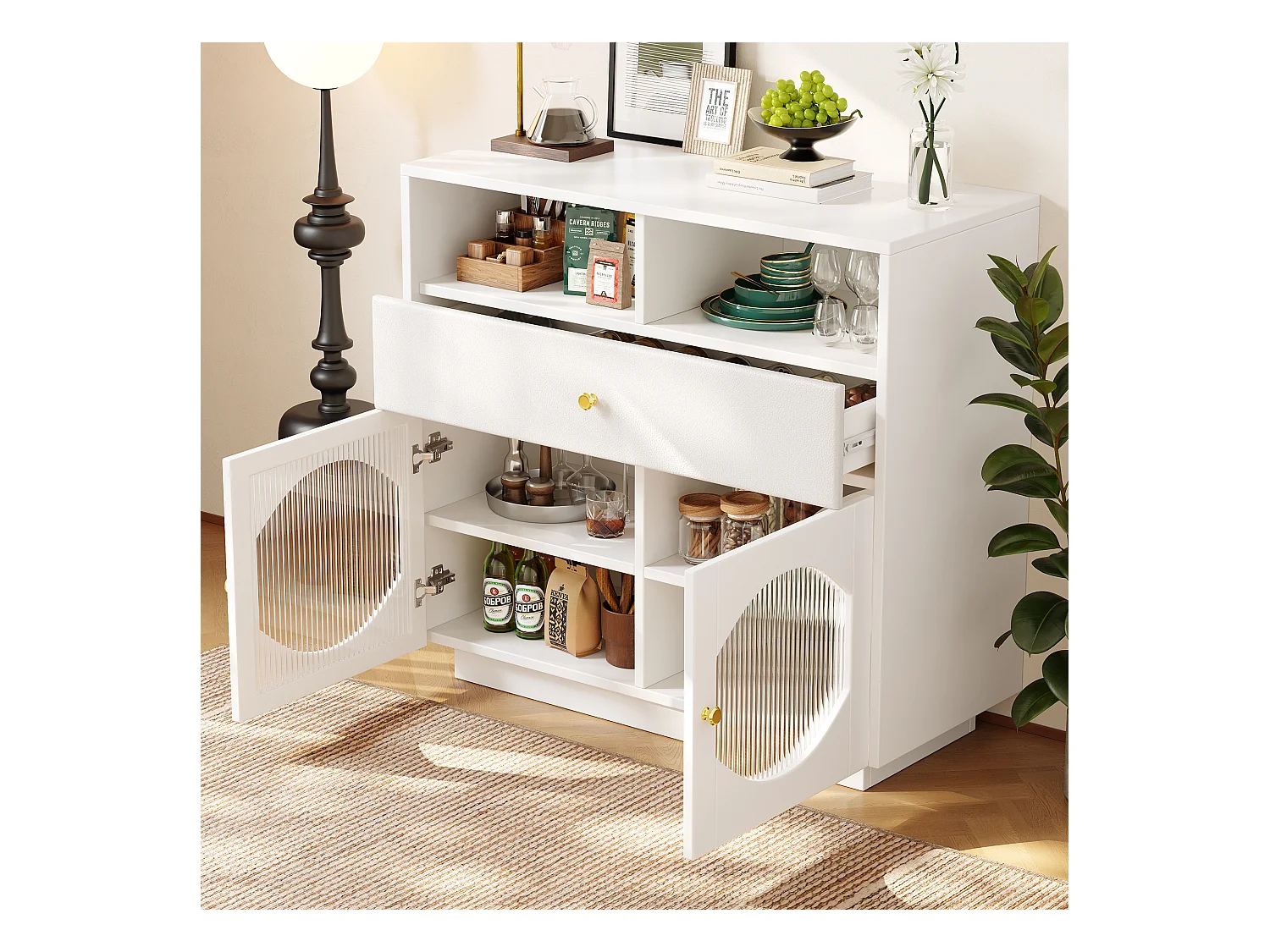 Buffet blanc - Buffet avec 1 tiroir et 2 portes vitrées - 2 rangements ouverts