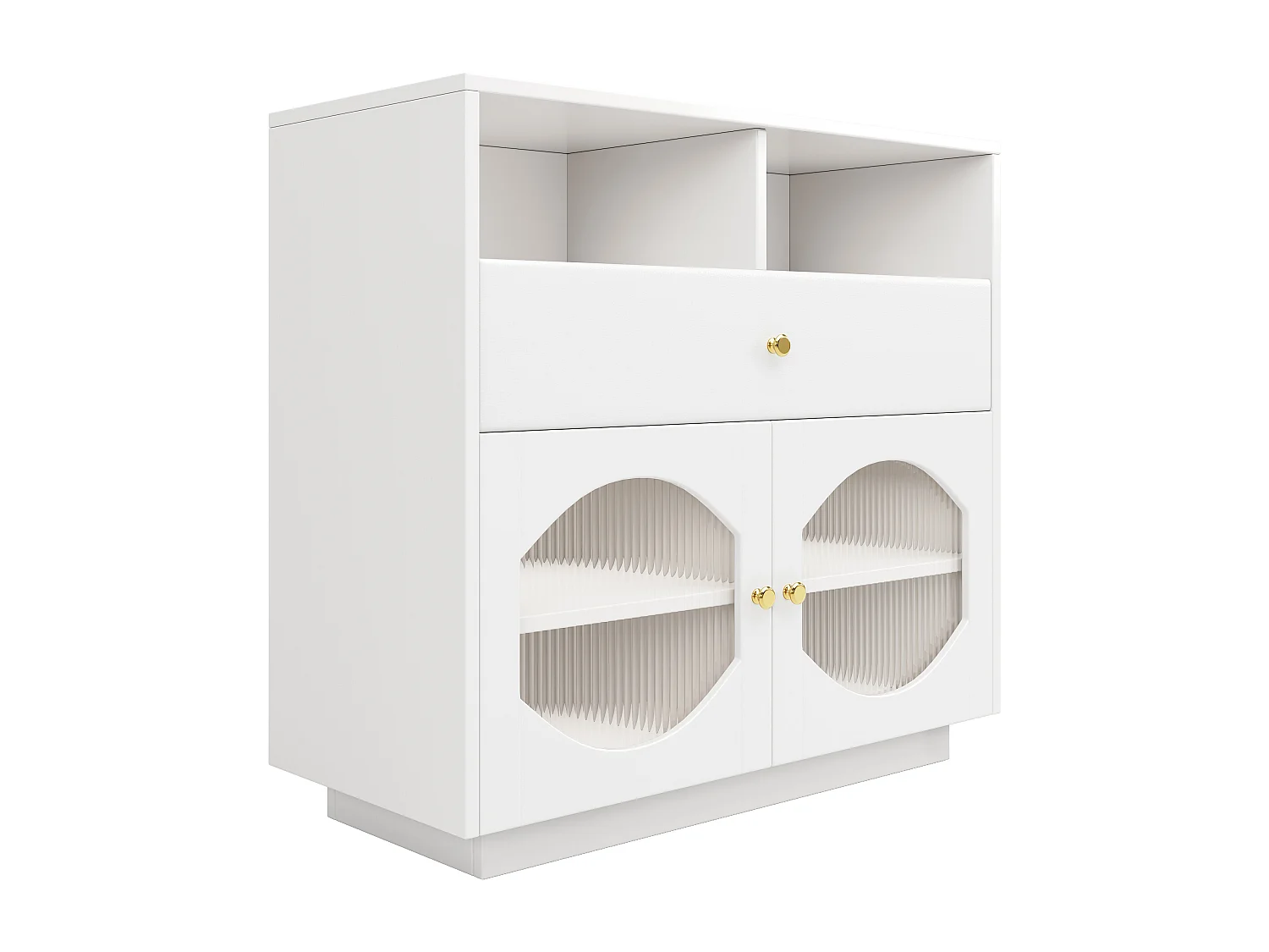 Buffet blanc - Buffet avec 1 tiroir et 2 portes vitrées - 2 rangements ouverts