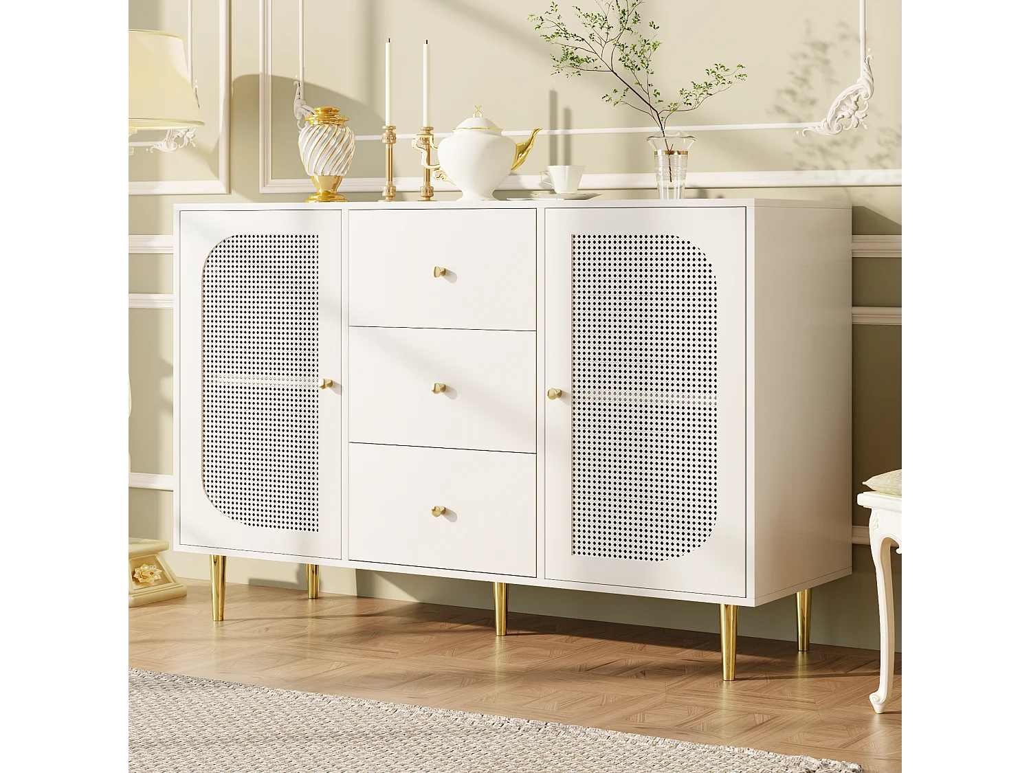 Buffet blanc - Buffet avec 3 tiroirs et 2 portes - portes en résine tressée