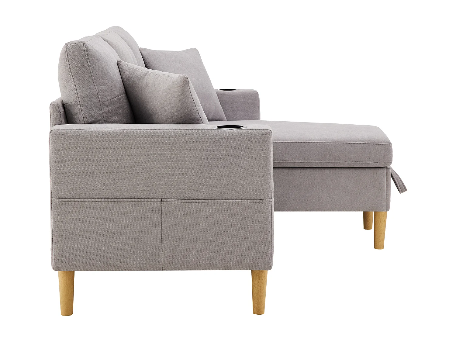 Lichtgrijze 3-zitsbank - Hoekbank met 2 kussens en bekerhouder - zijvakken en opbergruimte - katoen en linnen