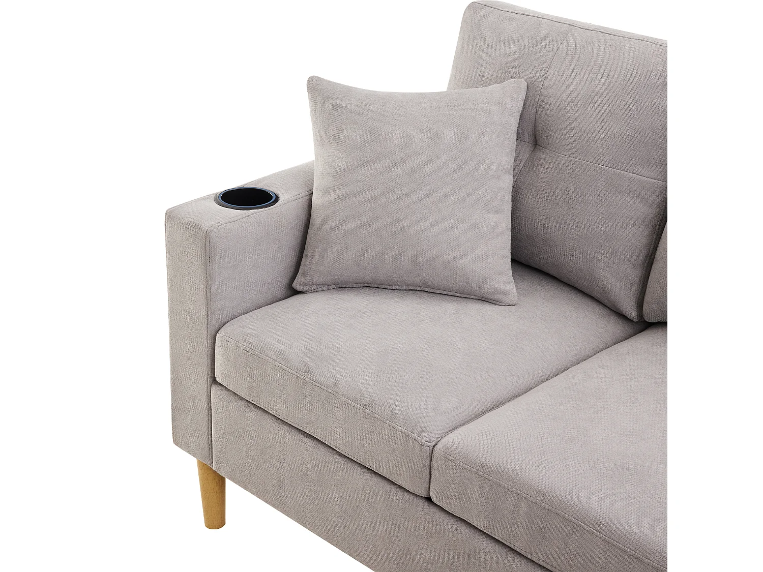 Lichtgrijze 3-zitsbank - Hoekbank met 2 kussens en bekerhouder - zijvakken en opbergruimte - katoen en linnen