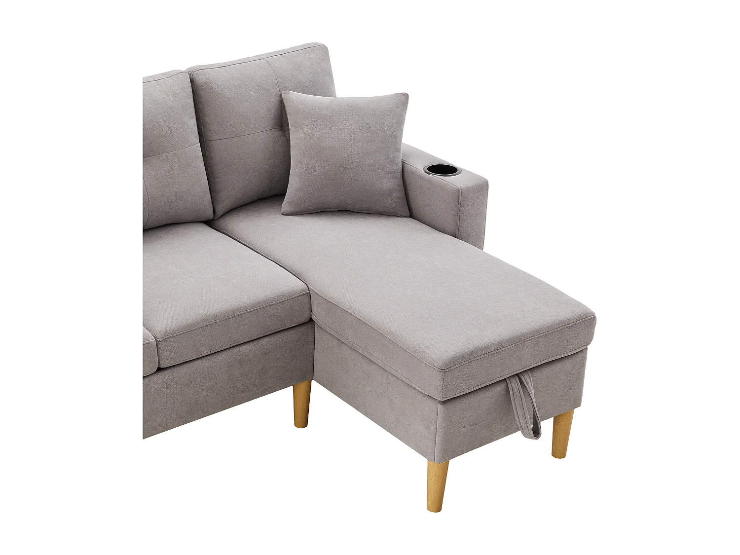 Lichtgrijze 3-zitsbank - Hoekbank met 2 kussens en bekerhouder - zijvakken en opbergruimte - katoen en linnen