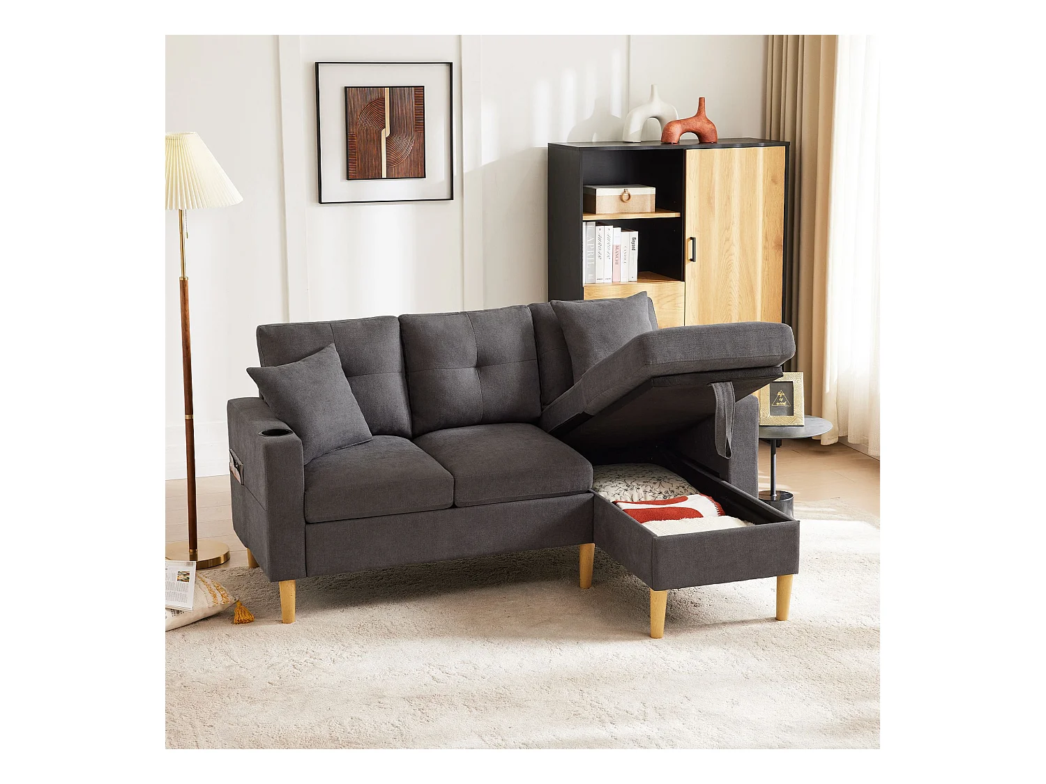 Divano a 3 posti grigio scuro - Divano angolare con 2 cuscini e portabicchieri - tasche laterali e spazio di archiviazione - cotone e lino