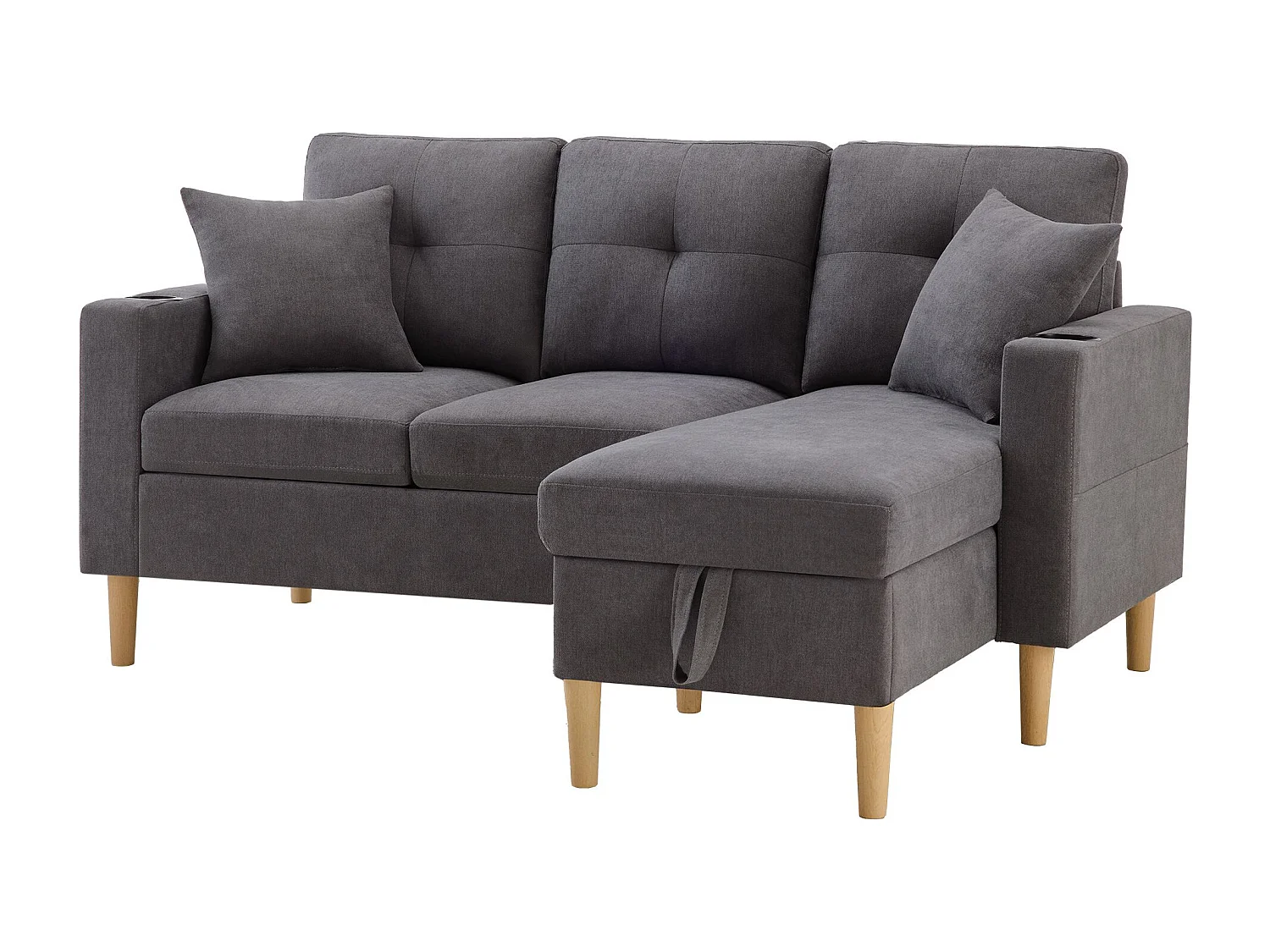 Donkergrijze 3-zitsbank - Hoekbank met 2 kussens en bekerhouder - zijvakken en opbergruimte - katoen en linnen