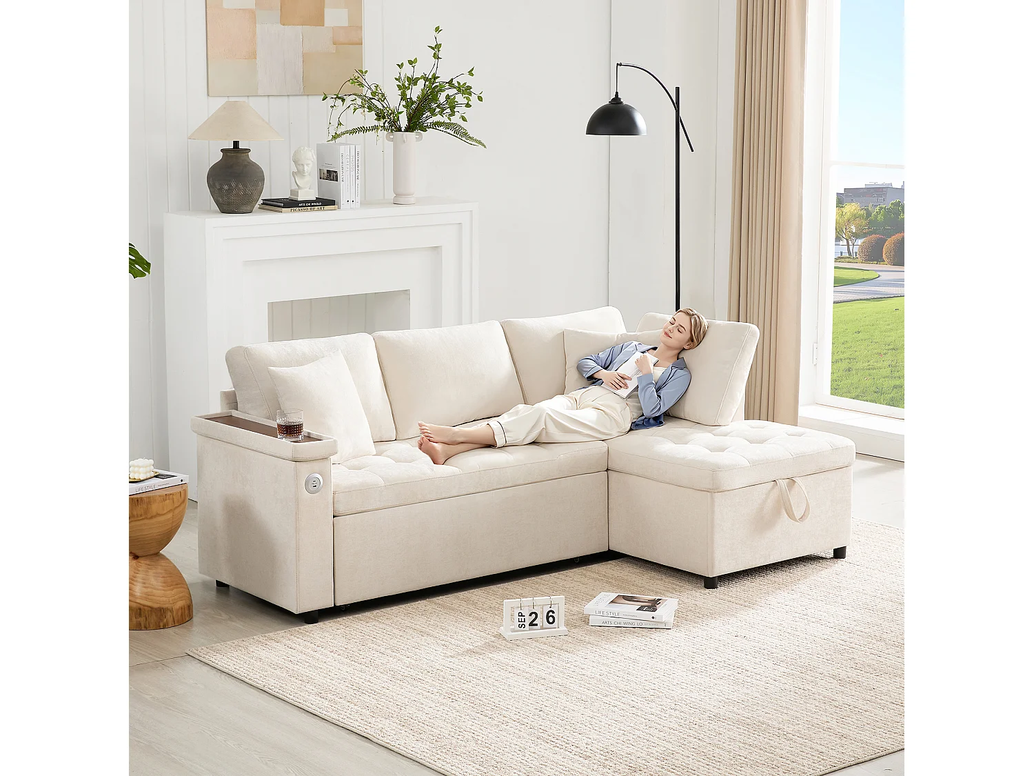 Canapé 3 places avec fonction couchage - Canapé d'angle avec deux coussins et accoudoir - avec rangement - chenille beige