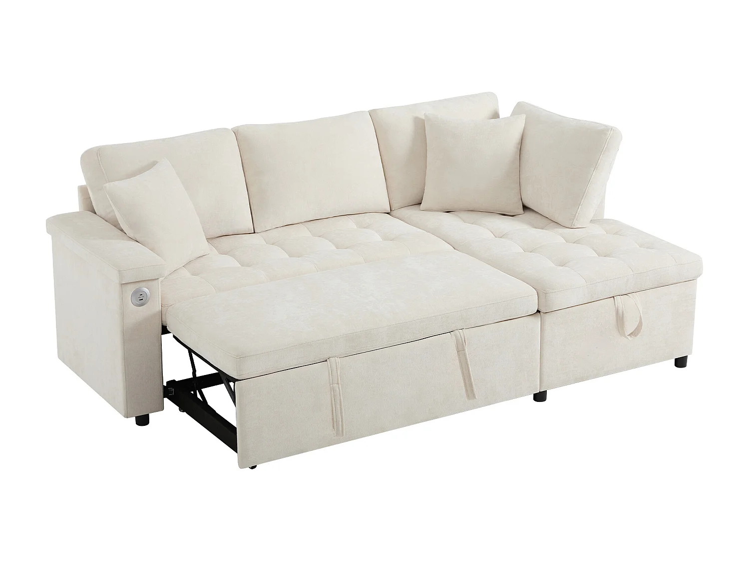 Canapé 3 places avec fonction couchage - Canapé d'angle avec deux coussins et accoudoir - avec rangement - chenille beige