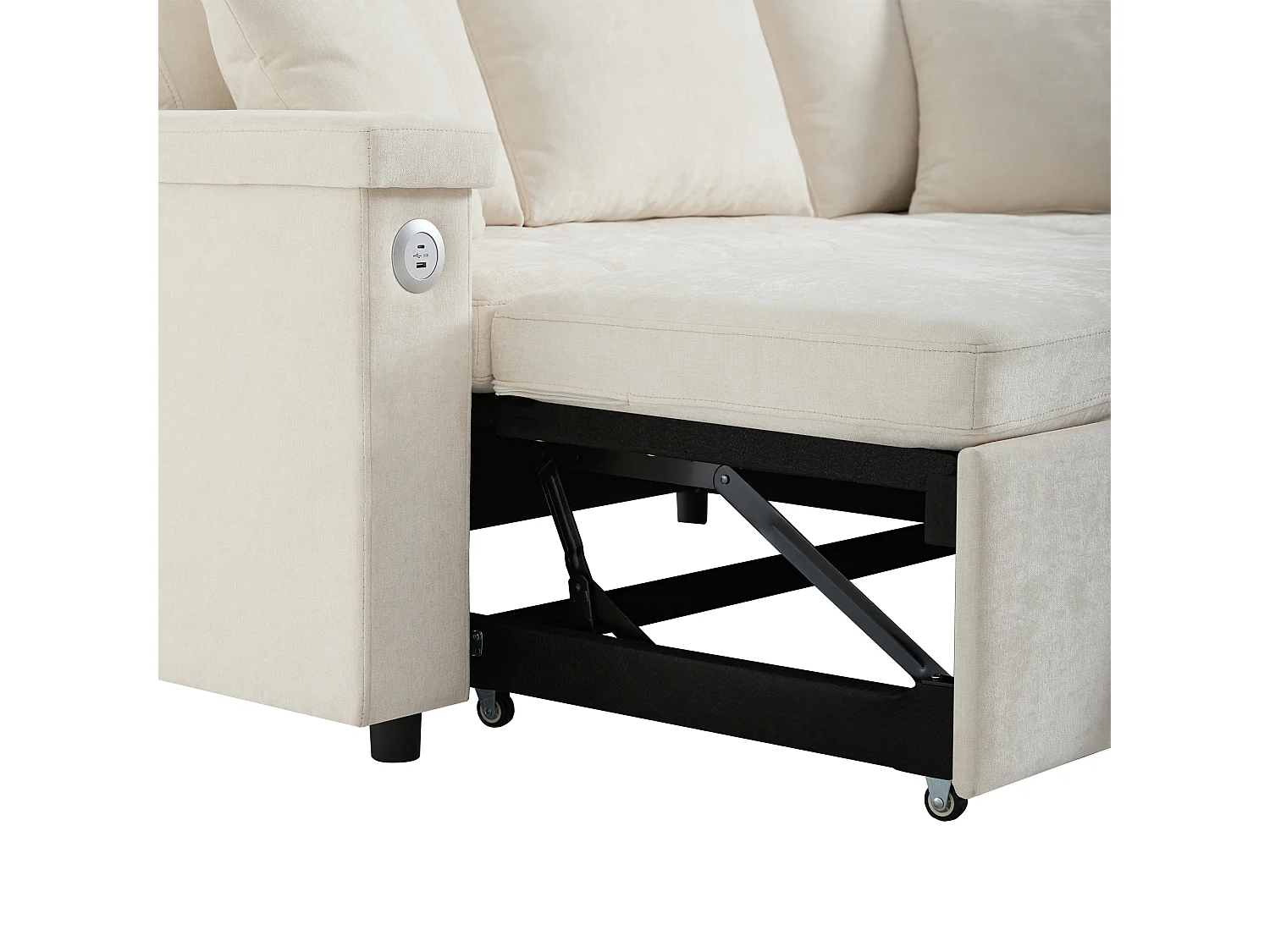 Canapé 3 places avec fonction couchage - Canapé d'angle avec deux coussins et accoudoir - avec rangement - chenille beige