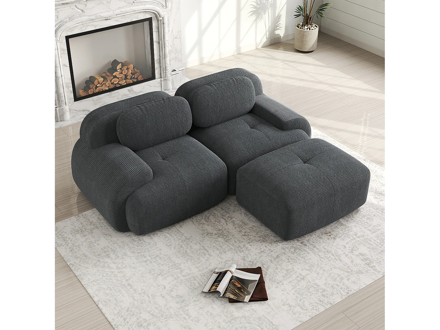 Canapé d'angle avec accoudoirs incurvés - Canapé 2 places avec dossier et coussins décoratifs - velours côtelé gris