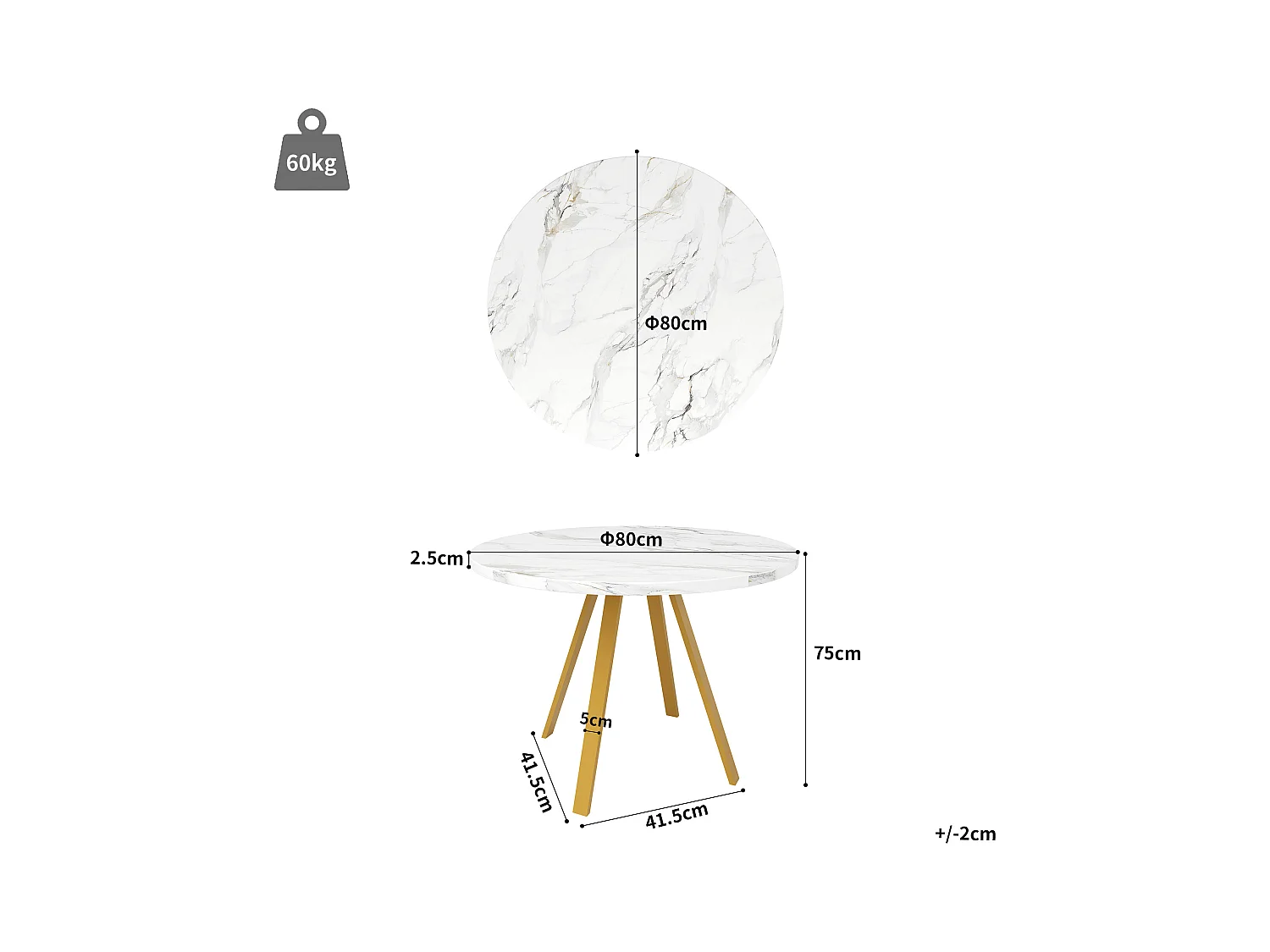 Table à manger blanc - Table à manger avec plateau en MDF et pieds en métal doré - décoration à motifs