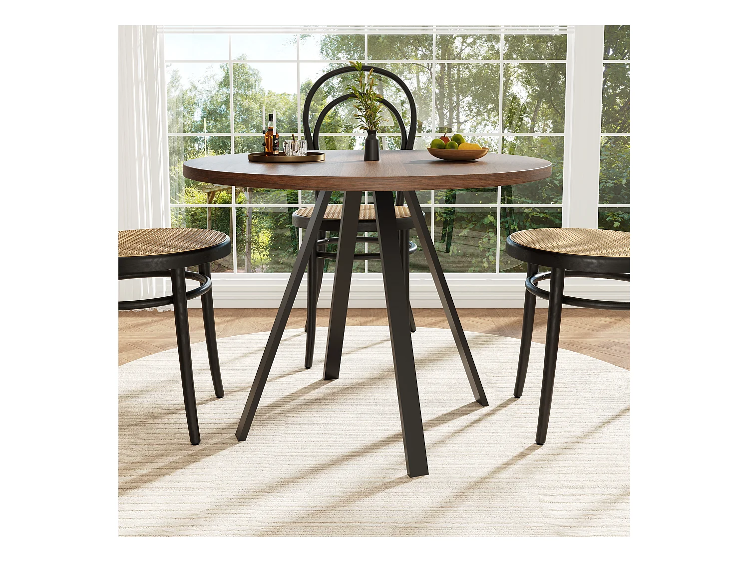 Table à manger noyer - Table à manger avec plateau en MDF et pieds en métal noir - décoration à motifs