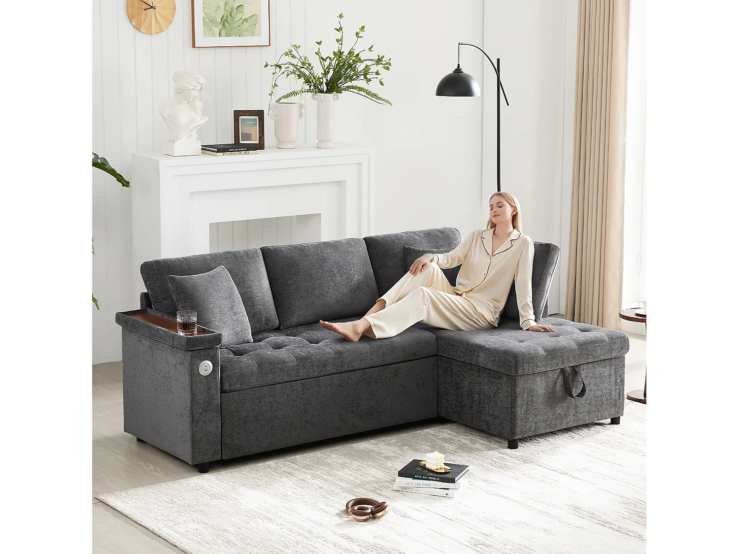 Canapé 3 places avec fonction couchage - Canapé d'angle avec deux coussins et accoudoir - avec rangement - chenille gris