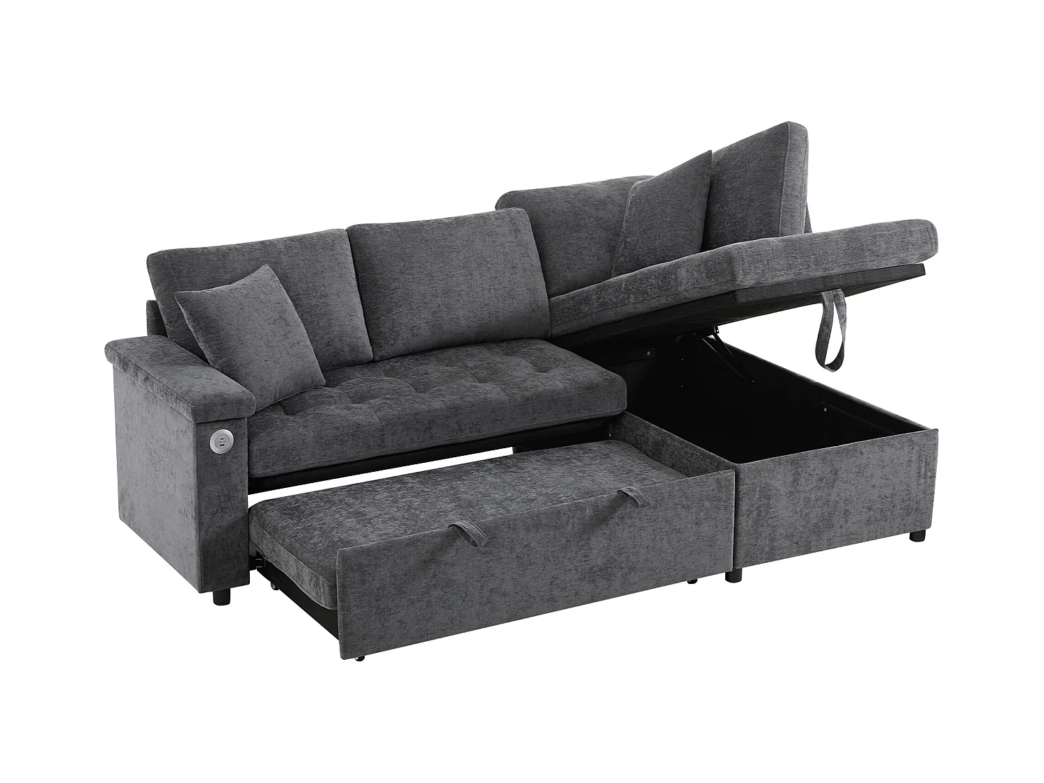 Canapé 3 places avec fonction couchage - Canapé d'angle avec deux coussins et accoudoir - avec rangement - chenille gris