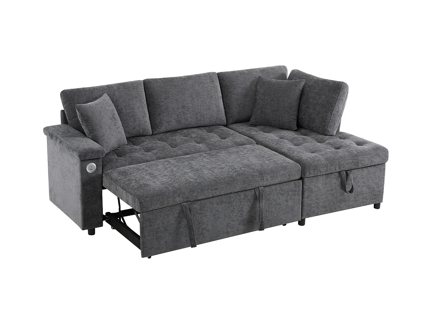 Canapé 3 places avec fonction couchage - Canapé d'angle avec deux coussins et accoudoir - avec rangement - chenille gris