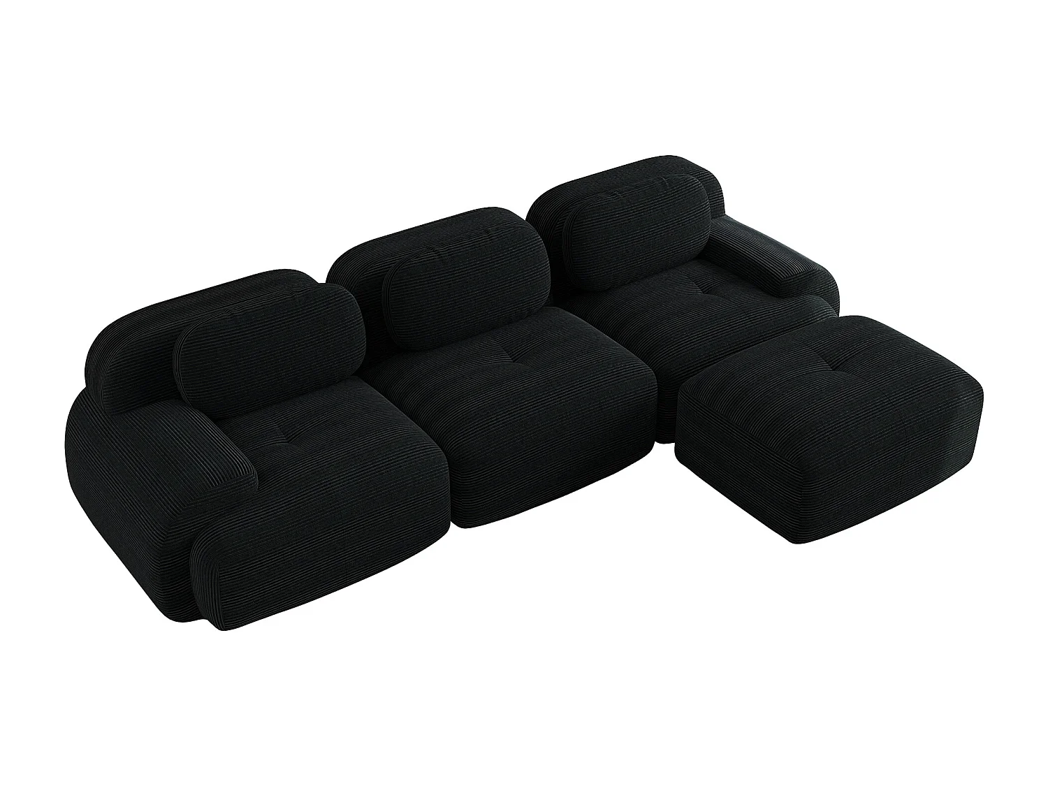 Canapé d'angle noir - Canapé 3 places avec accoudoirs incurvés et coussins décoratifs - velours côtelé