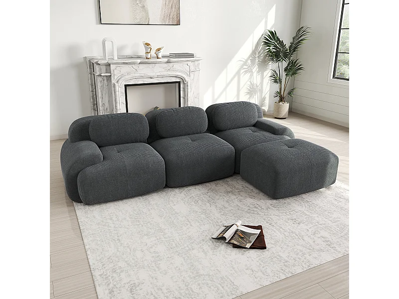Canapé d'angle gris - Canapé 3 places avec accoudoirs incurvés et coussins décoratifs - velours côtelé
