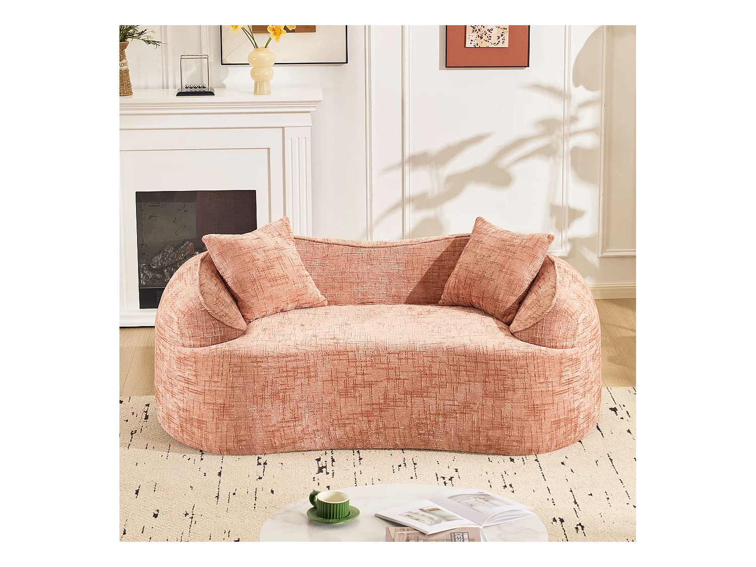 Canapé 2 places rose - Canapé droit avec 2 coussins et accoudoirs - chenille