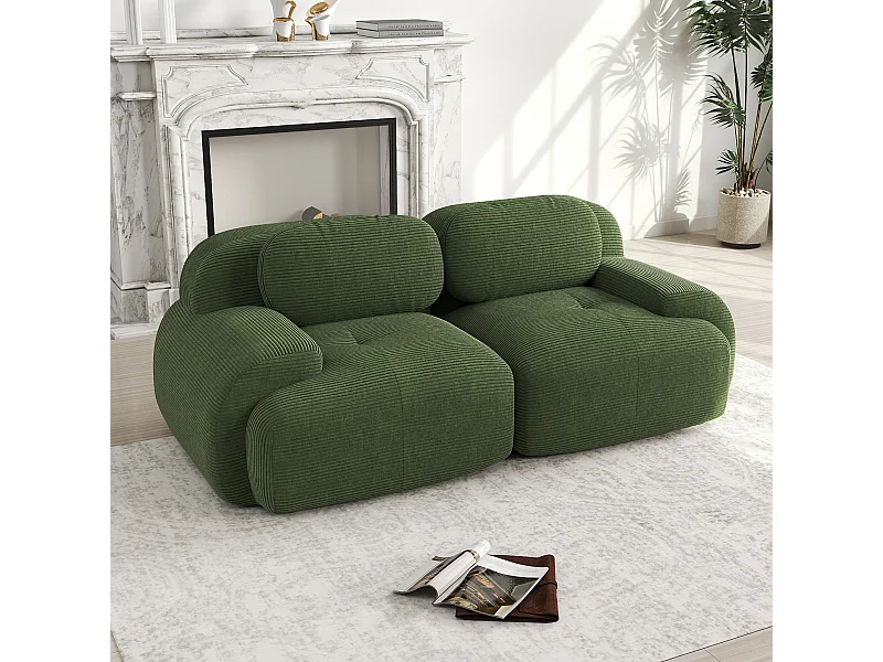 Canapé 2 places avec coussins - Canapé droit avec accoudoirs incurvés et coussins décoratifs - velours côtelé vert