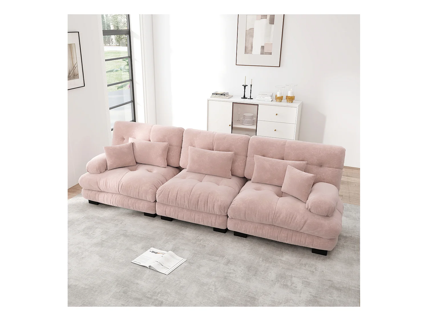 Canapé 3 places rose - Canapé droit avec 3 coussins lombaires et 3 coussins décoratifs - chenille