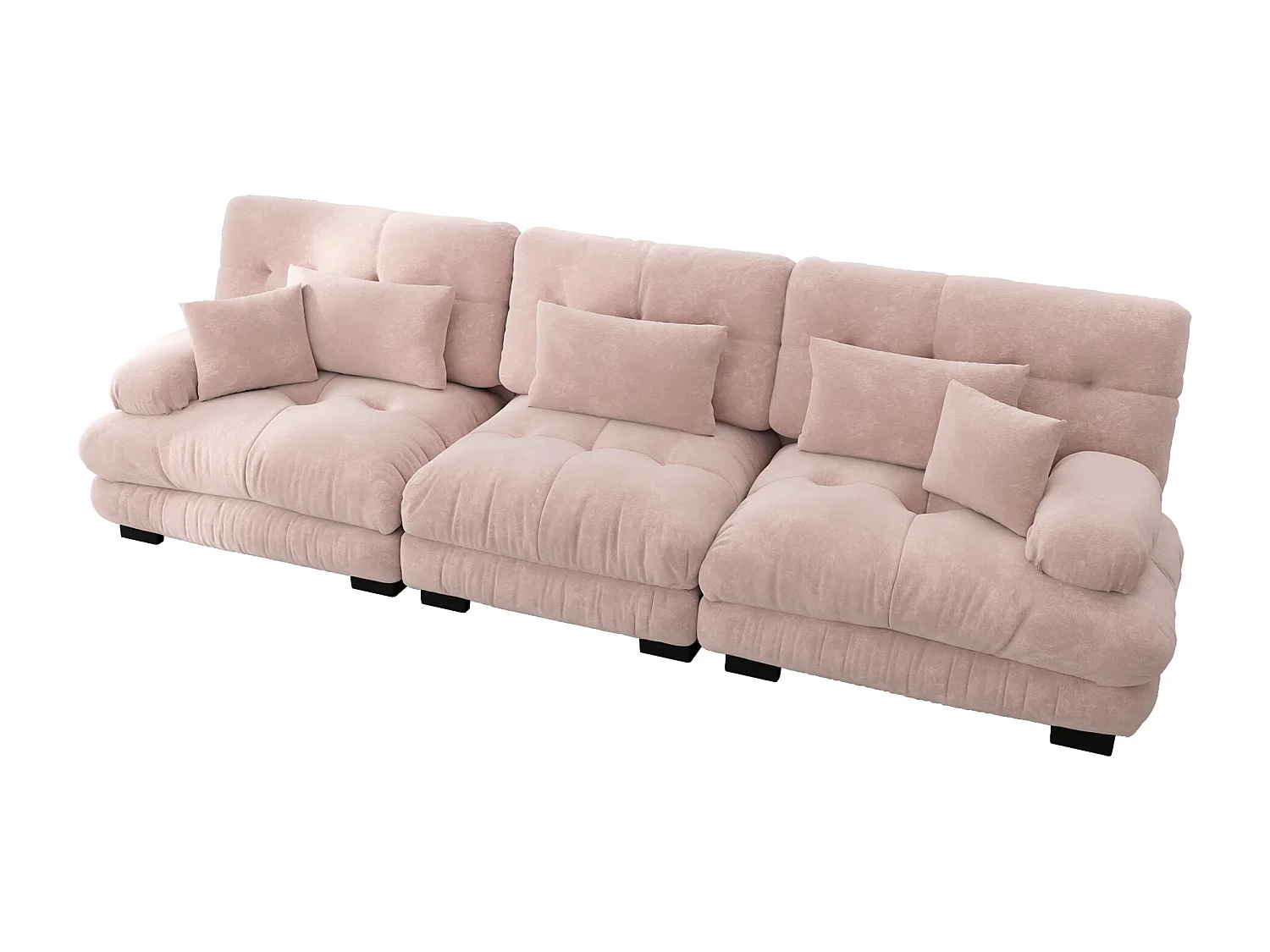 Różowa sofa 3-osobowa - sofa prosta z 3 poduszkami lędźwiowymi i 3 poduszkami dekoracyjnymi - szenil