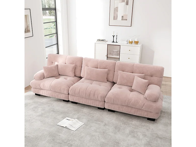 Różowa sofa 3-osobowa - sofa prosta z 3 poduszkami lędźwiowymi i 3 poduszkami dekoracyjnymi - szenil