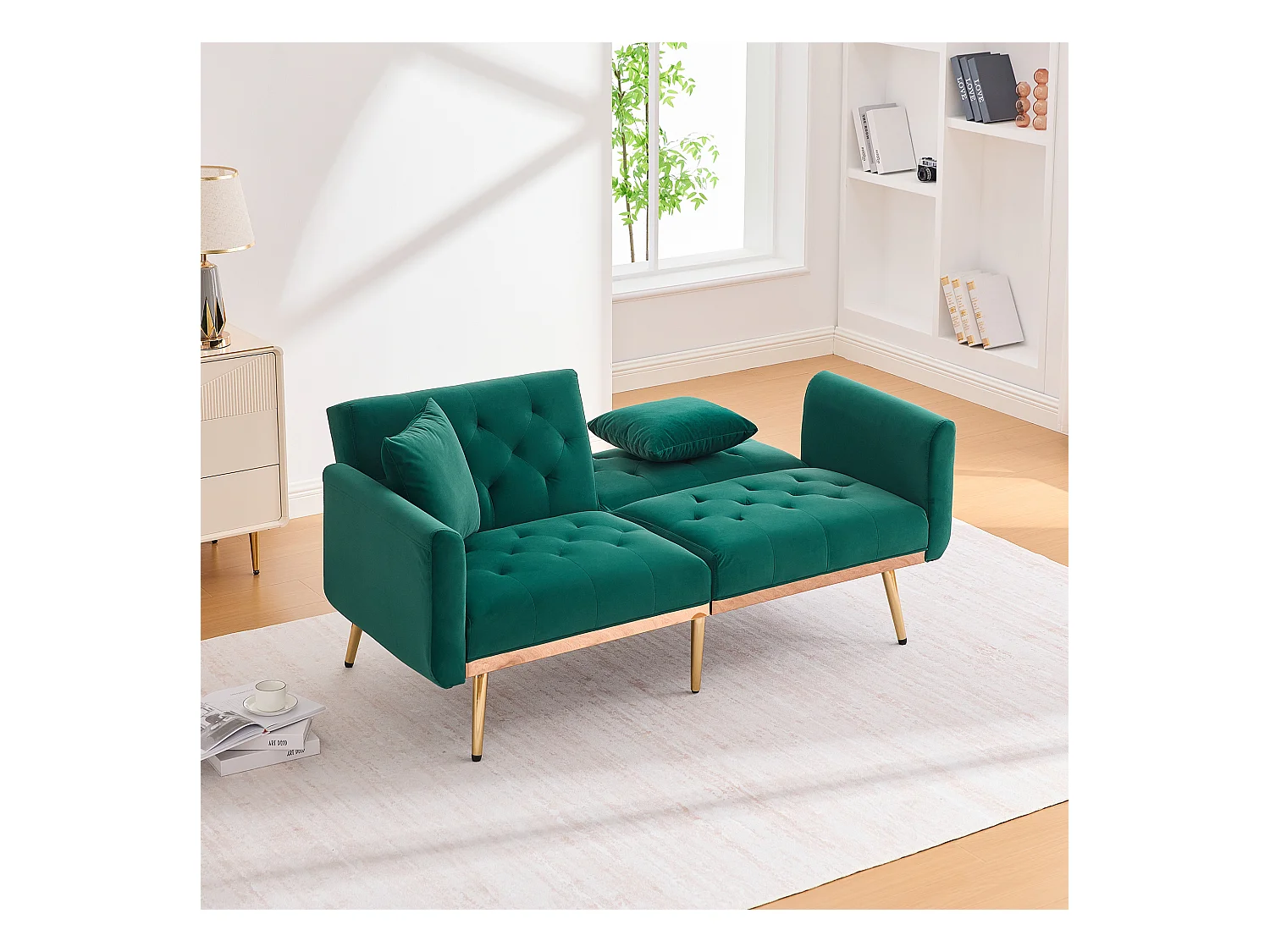 Canapé 2 places avec accoudoirs - Canapé droit avec dossier réglable et 2 coussins - velours vert