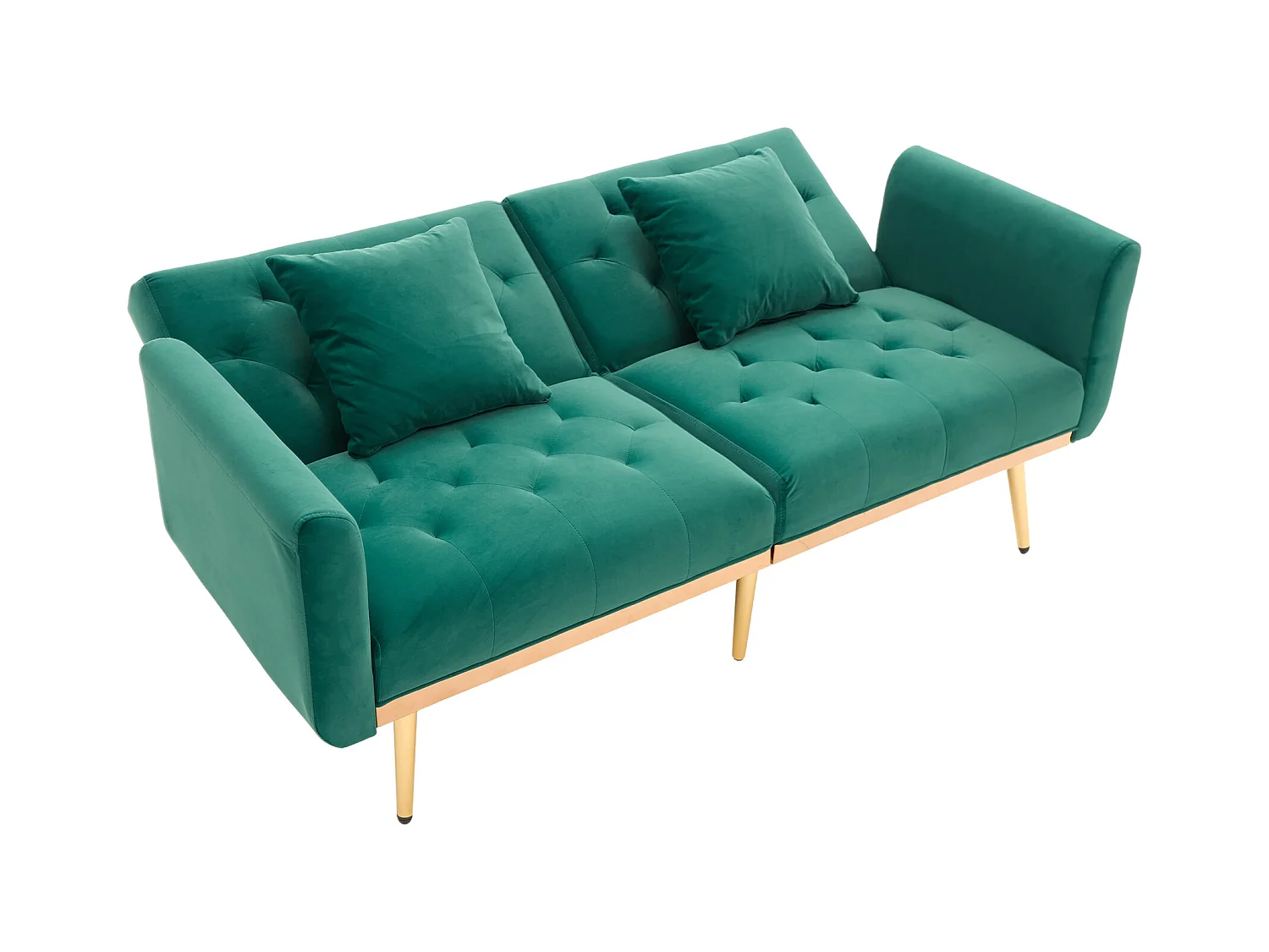 Canapé 2 places avec accoudoirs - Canapé droit avec dossier réglable et 2 coussins - velours vert