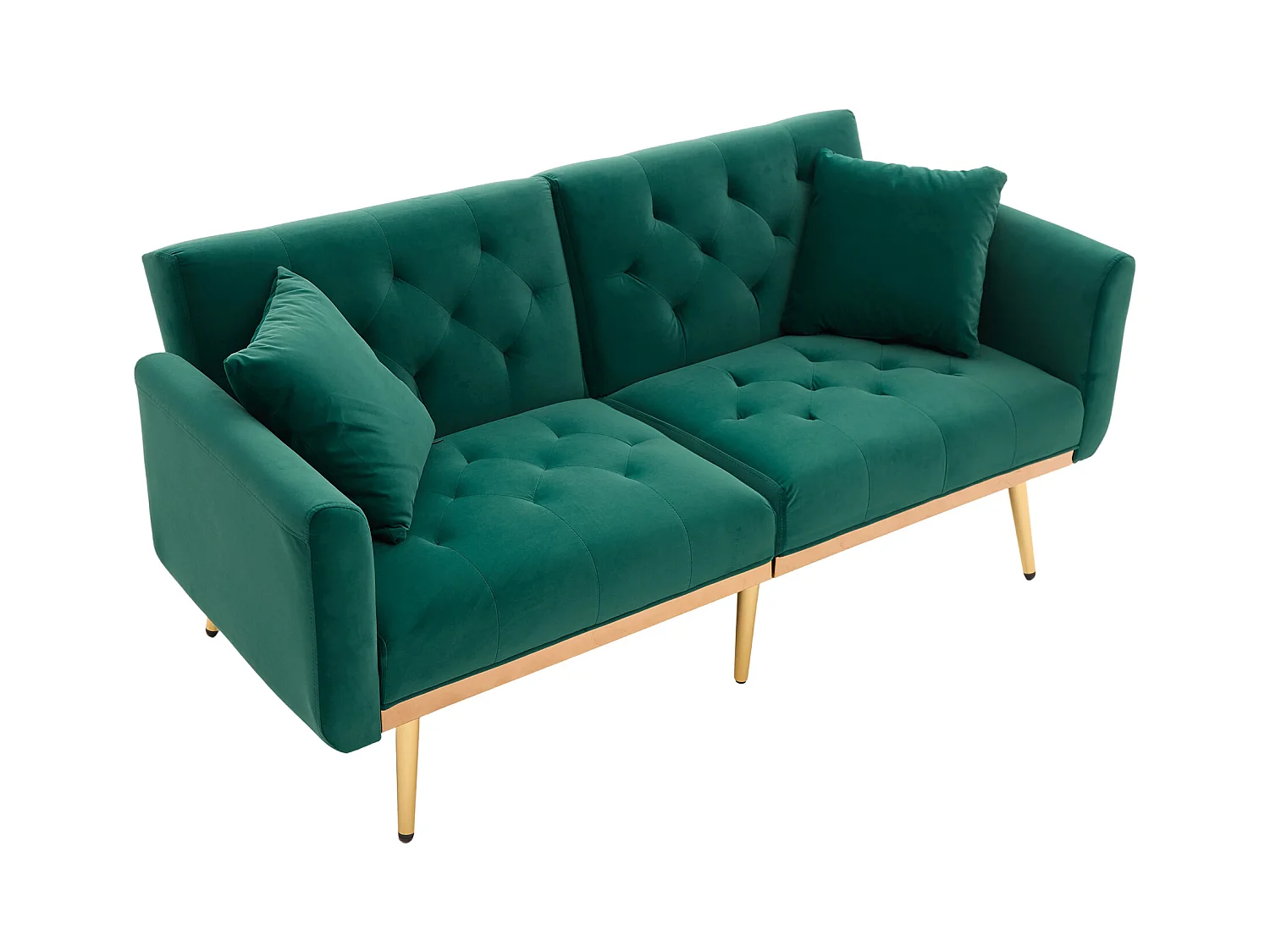 Canapé 2 places avec accoudoirs - Canapé droit avec dossier réglable et 2 coussins - velours vert