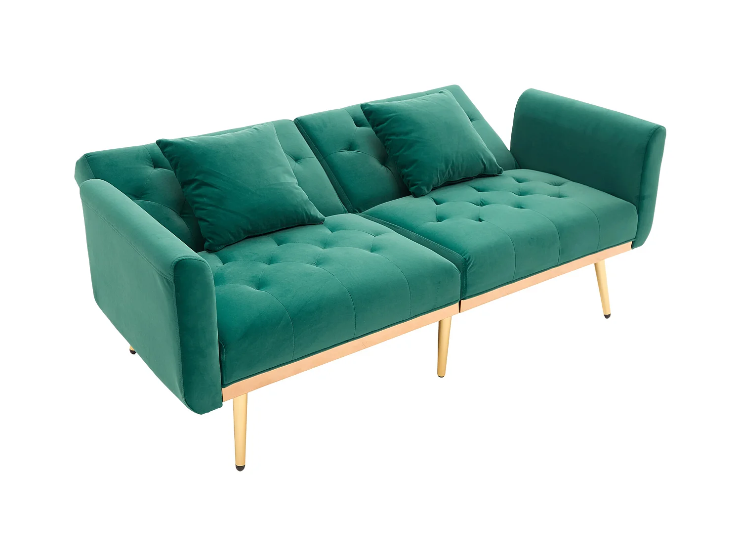 Canapé 2 places avec accoudoirs - Canapé droit avec dossier réglable et 2 coussins - velours vert