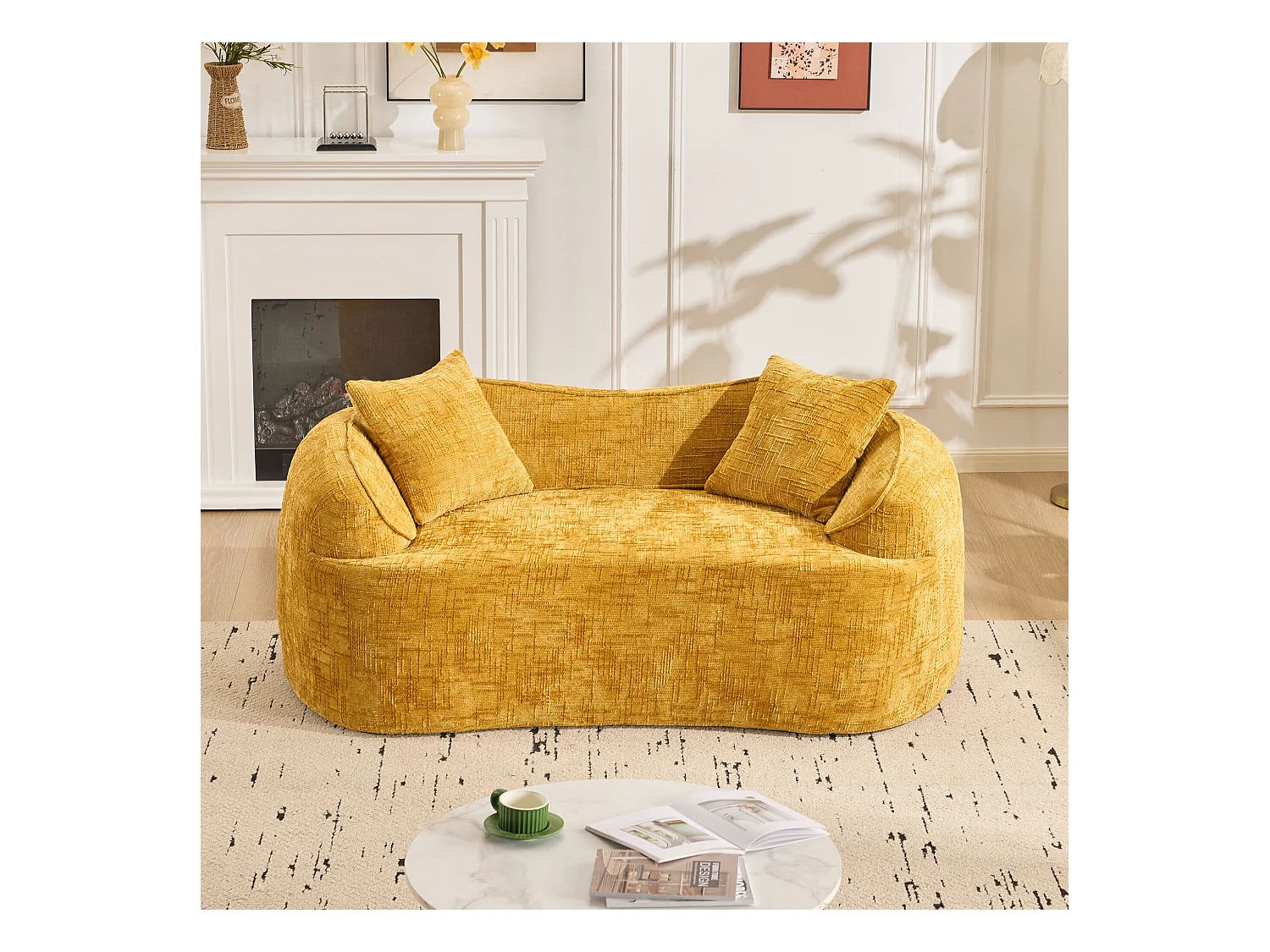 Canapé 2 places jaune - Canapé droit avec 2 coussins et accoudoirs - chenille