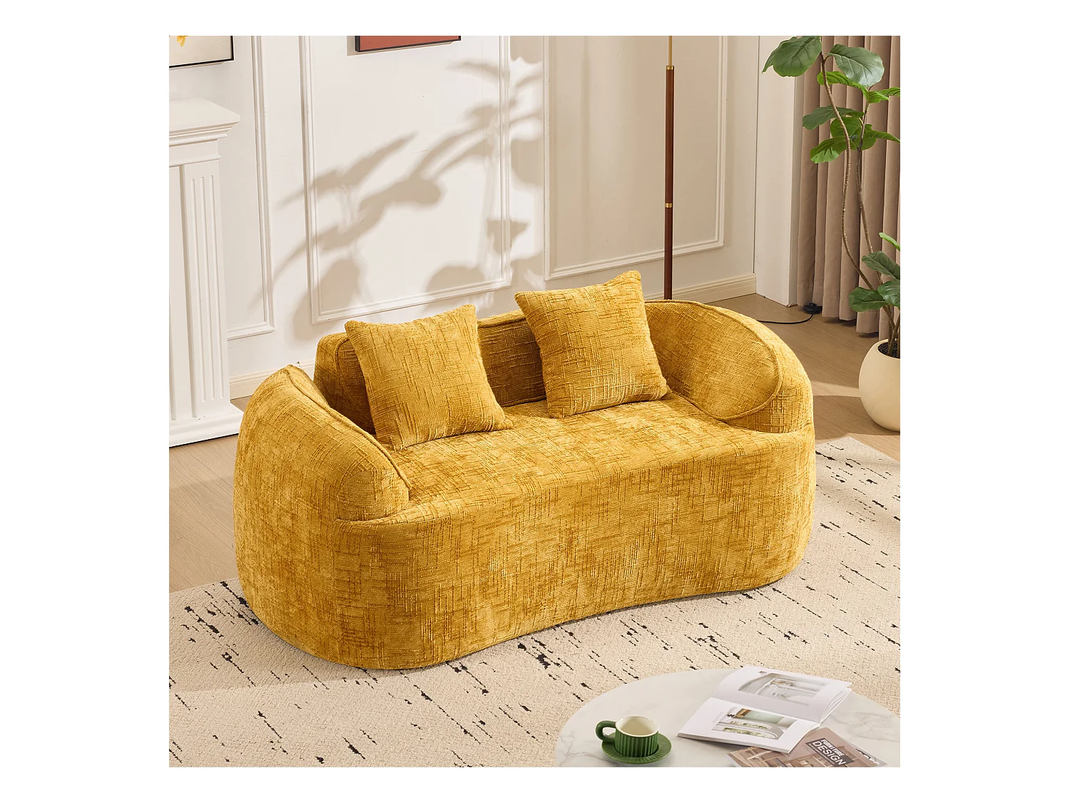 Canapé 2 places jaune - Canapé droit avec 2 coussins et accoudoirs - chenille