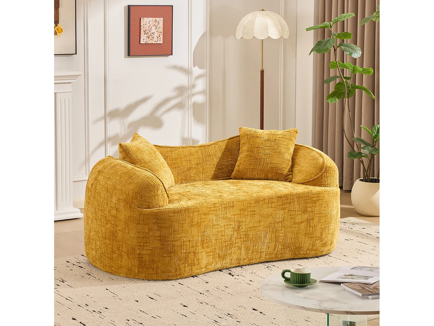 Żółta sofa 2-osobowa - sofa prosta z 2 poduszkami i podłokietnikami - szenil