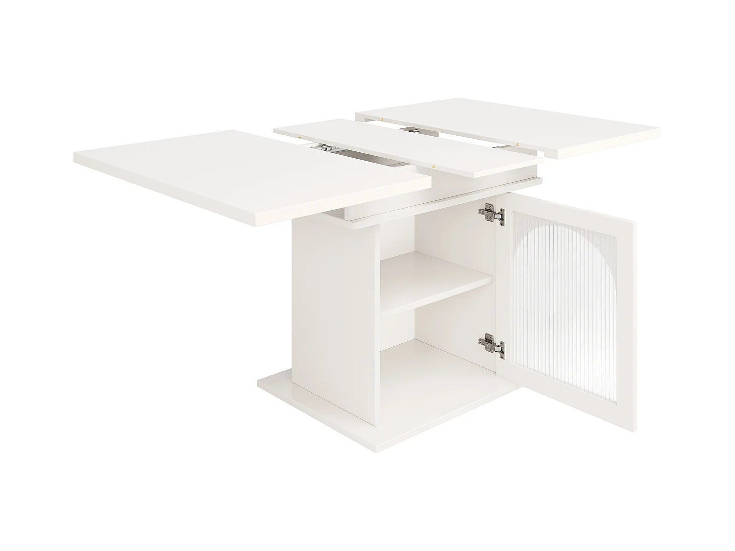 Table à manger extensible blanc - Table à manger avec trois compartiments de rangement et portes vitrées - rangement ouvert