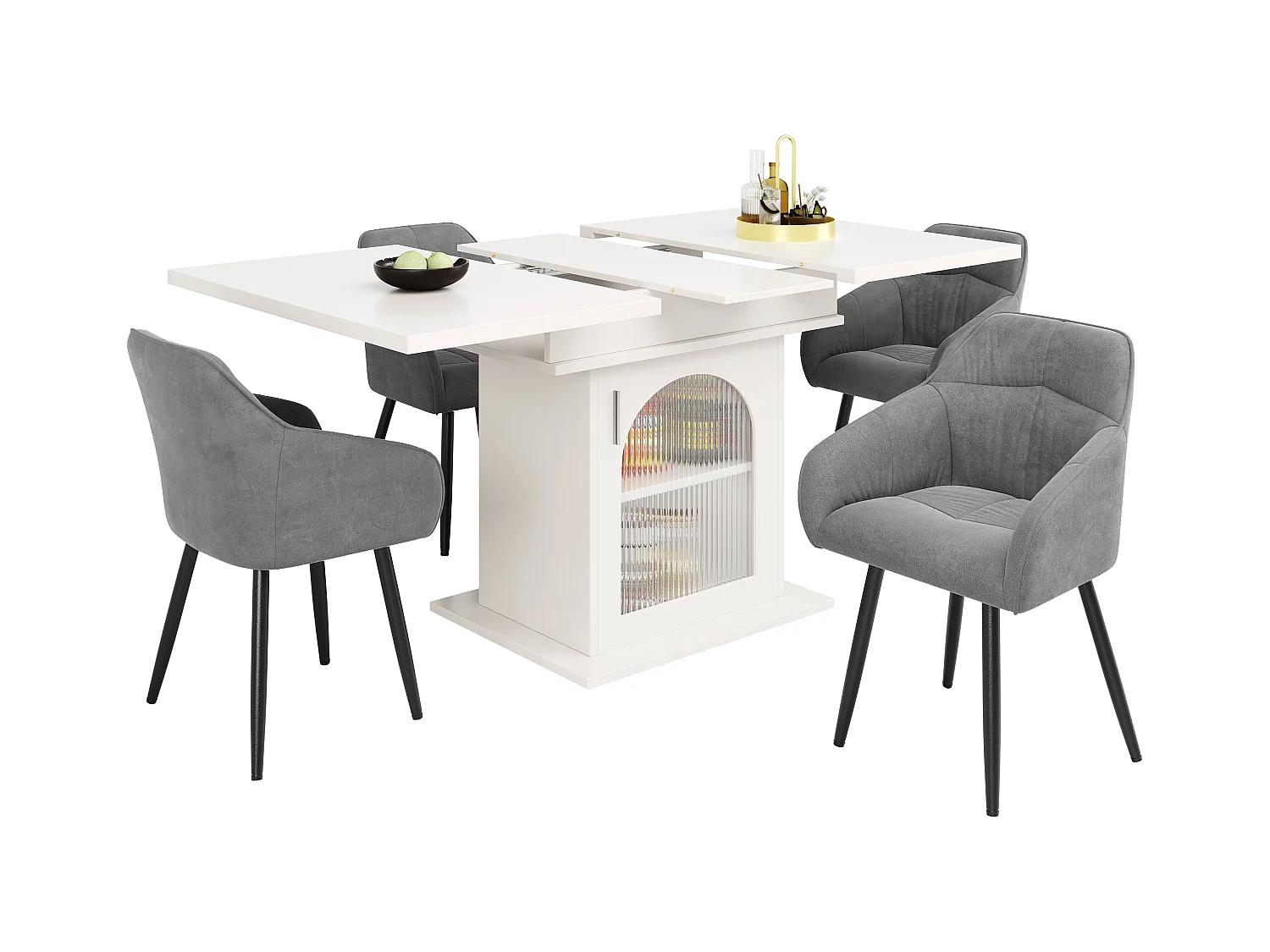 Table à manger extensible blanc - Table à manger avec trois compartiments de rangement et portes vitrées - rangement ouvert