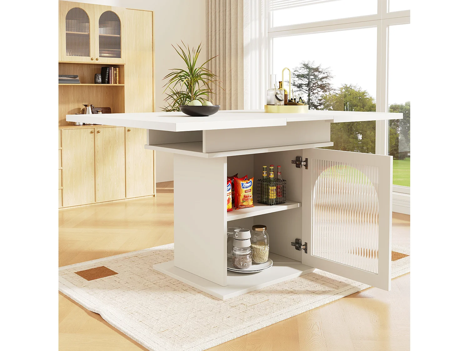 Table à manger extensible blanc - Table à manger avec trois compartiments de rangement et portes vitrées - rangement ouvert