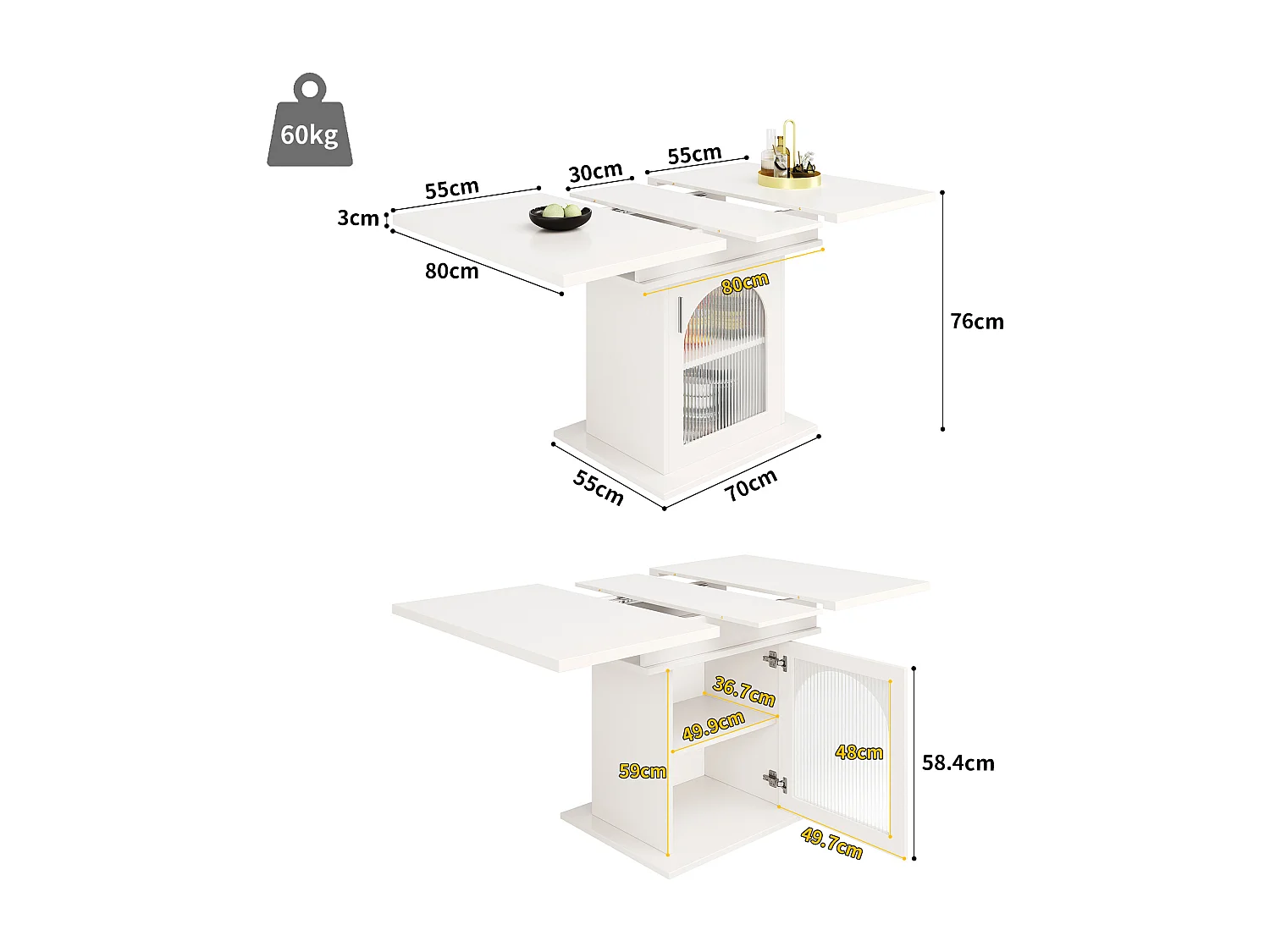 Table à manger extensible blanc - Table à manger avec trois compartiments de rangement et portes vitrées - rangement ouvert