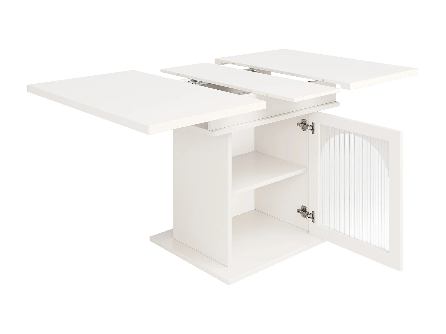 Table à manger extensible blanc - Table à manger avec trois compartiments de rangement et portes vitrées - rangement ouvert