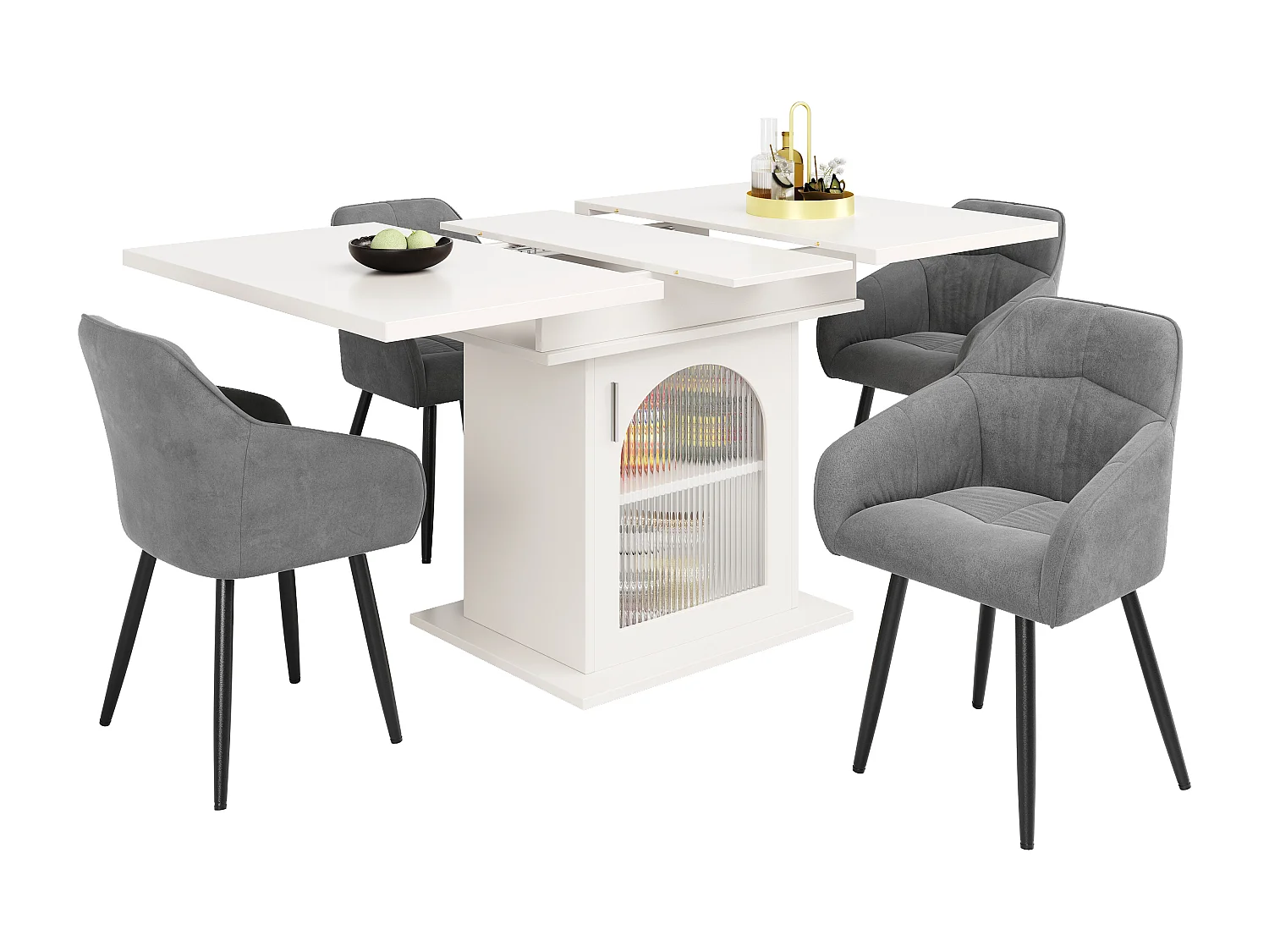 Table à manger extensible blanc - Table à manger avec trois compartiments de rangement et portes vitrées - rangement ouvert