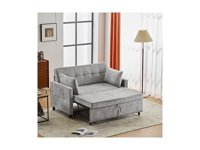 Hellgraues 2-Sitzer-Sofa - Wohnzimmersofa mit verstellbarer Rückenlehne und Ausziehbettfunktion - 2 Kissen und Armlehnen - Chenille