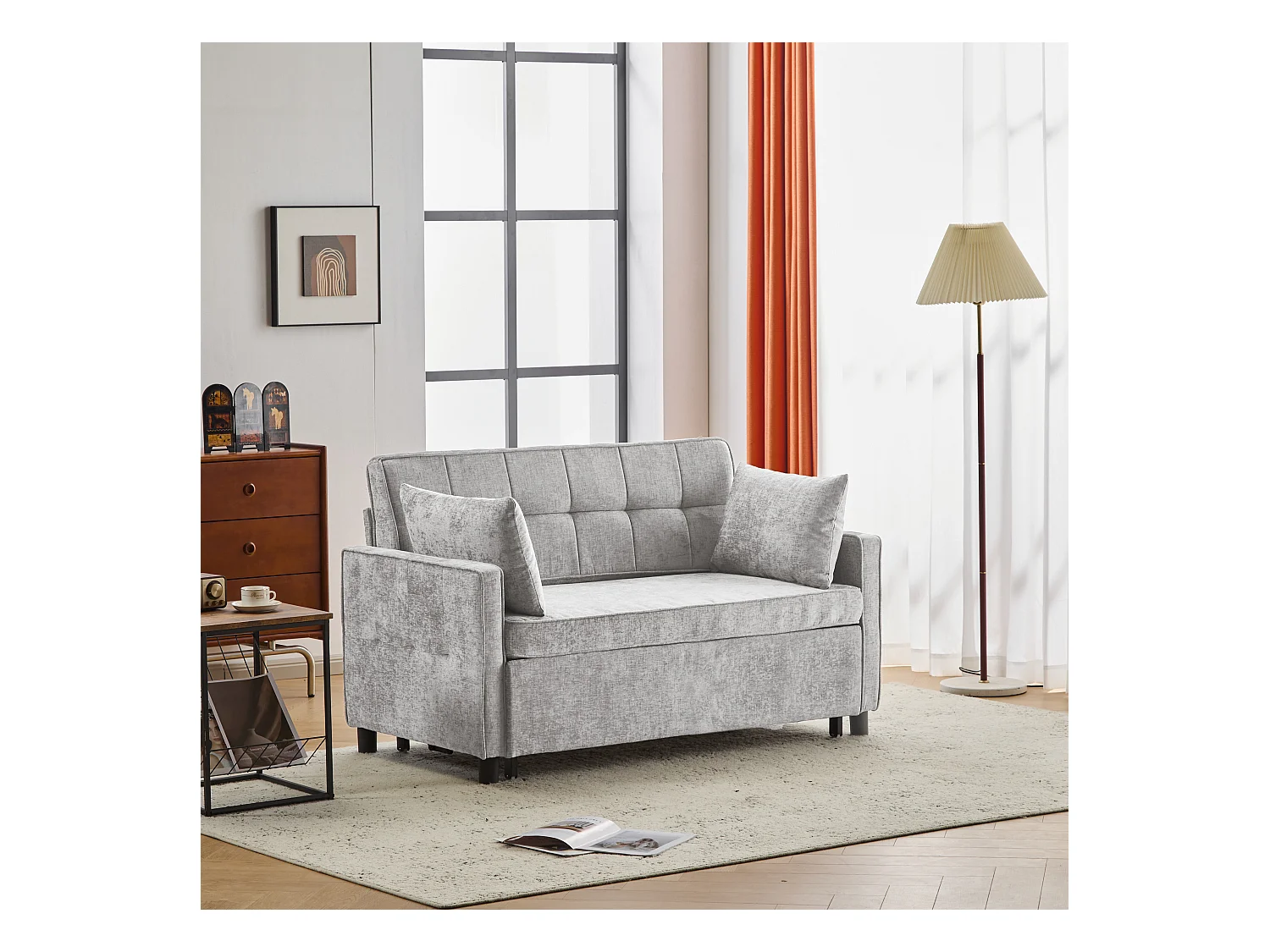 Sofá de 2 lugares cinza claro - Sofá de sala com encosto ajustável e função de cama retrátil - 2 almofadas e apoios de braços - chenille