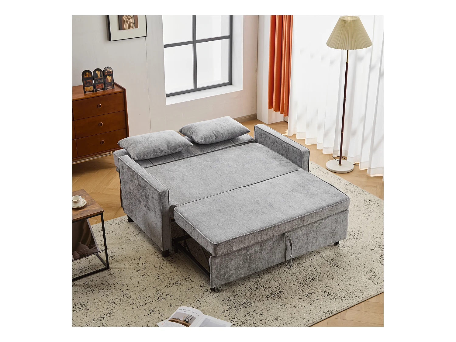 Sofá de 2 lugares cinza claro - Sofá de sala com encosto ajustável e função de cama retrátil - 2 almofadas e apoios de braços - chenille