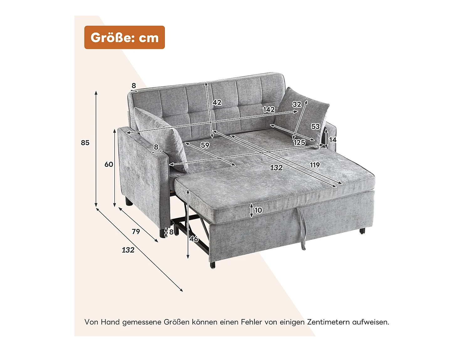 Sofá de 2 lugares cinza claro - Sofá de sala com encosto ajustável e função de cama retrátil - 2 almofadas e apoios de braços - chenille