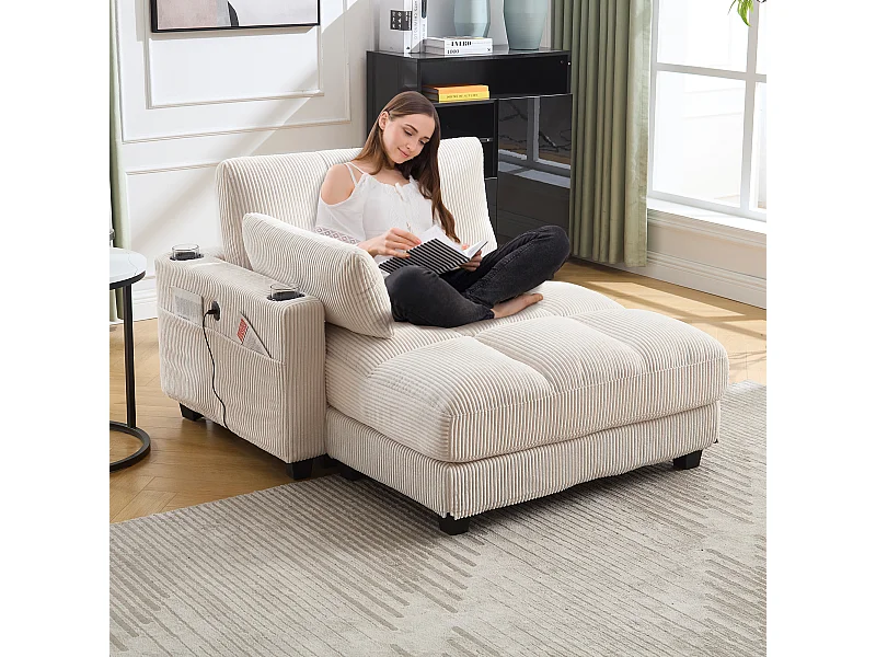 Sofá de 1 lugar com braços - Sofá de relaxamento com 2 bases para copos e bolsos laterais - bombazine bege