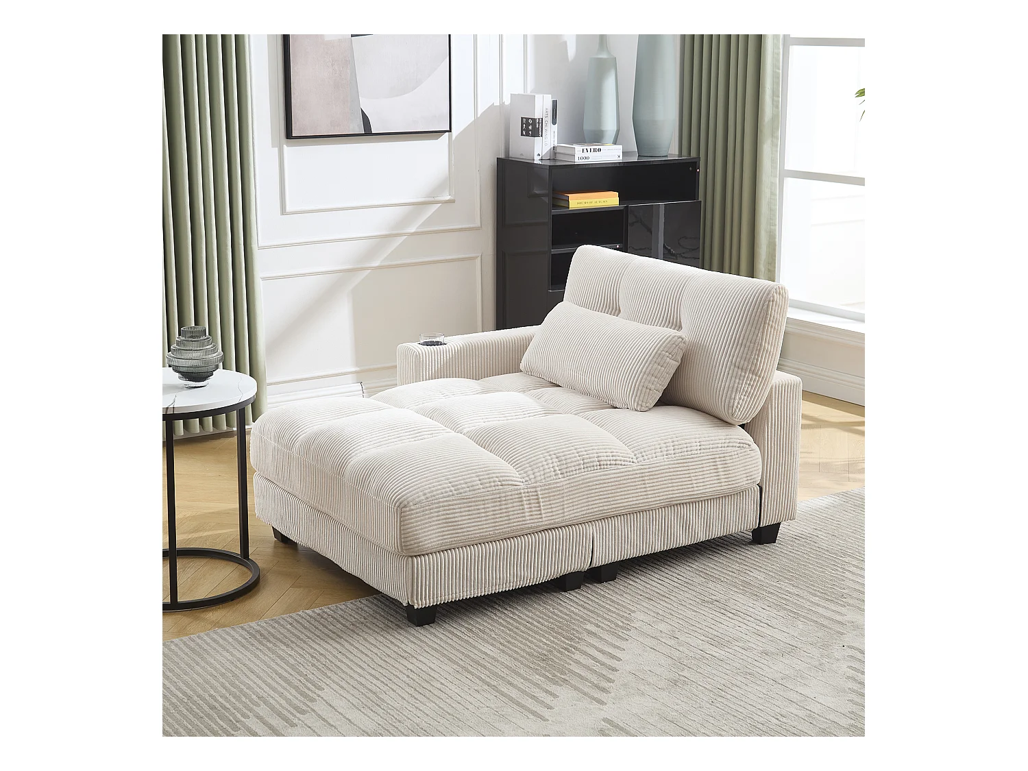 Canapé 1 place avec accoudoirs - Canapé relaxation avec 2 porte-gobelets et poches latérales - velours côtelé beige