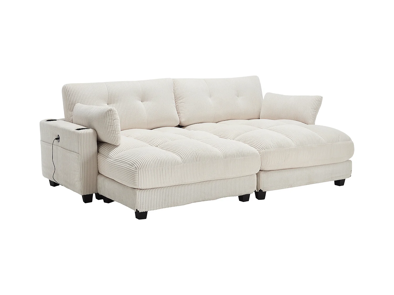 Canapé 1 place avec accoudoirs - Canapé relaxation avec 2 porte-gobelets et poches latérales - velours côtelé beige