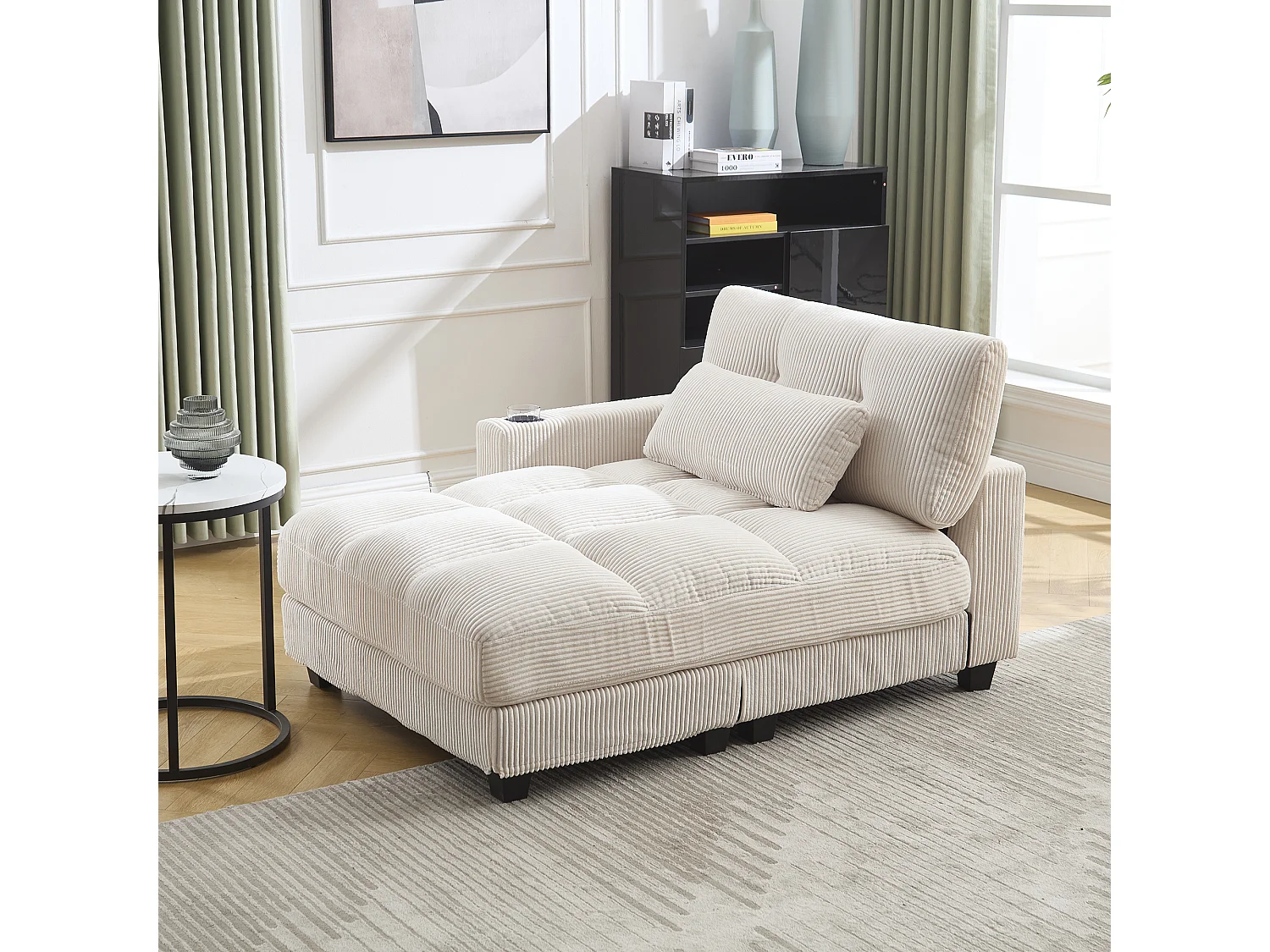 Canapé 1 place avec accoudoirs - Canapé relaxation avec 2 porte-gobelets et poches latérales - velours côtelé beige