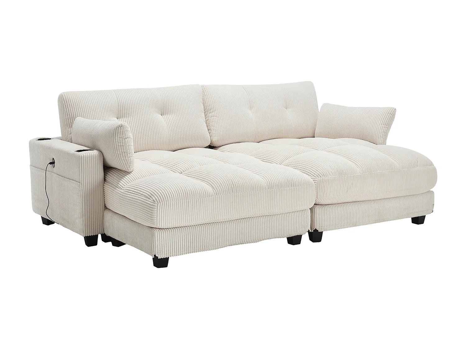 Canapé 1 place avec accoudoirs - Canapé relaxation avec 2 porte-gobelets et poches latérales - velours côtelé beige