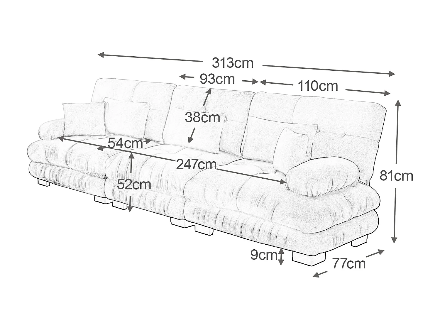 Canapé 3 places gris - Canapé droit avec 3 coussins lombaires et 3 coussins décoratifs - chenille