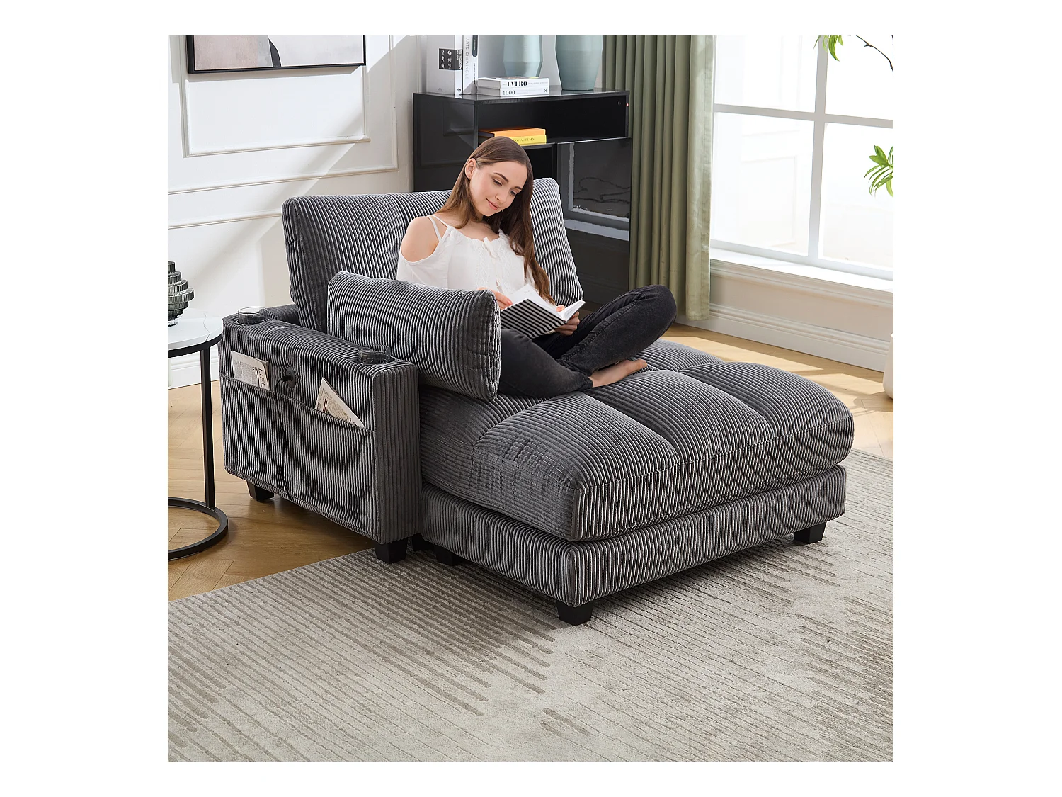 Canapé 1 place avec accoudoirs - Canapé relaxation avec 2 porte-gobelets et poches latérales - velours côtelé gris