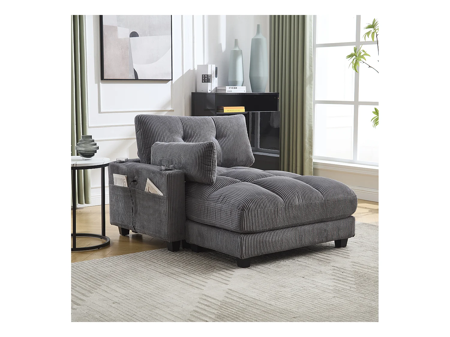 Canapé 1 place avec accoudoirs - Canapé relaxation avec 2 porte-gobelets et poches latérales - velours côtelé gris